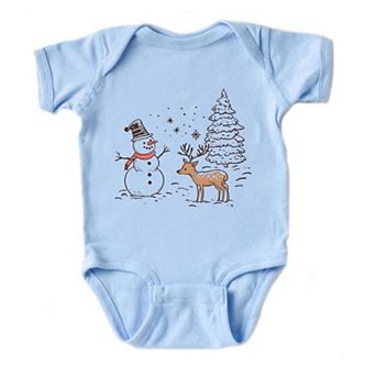 Deer Snowman Scene Baby Bodysuit