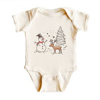 Deer Snowman Scene Baby Bodysuit