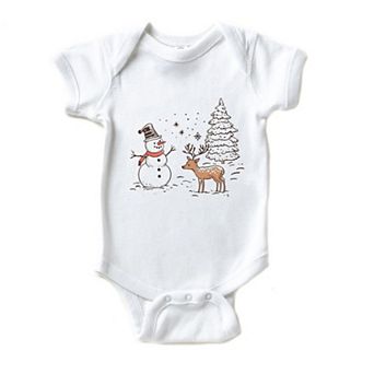 Deer Snowman Scene Baby Bodysuit
