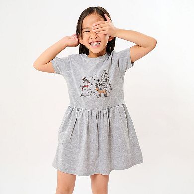 Deer Snowman Scene Toddler Girl Dress