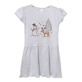 Deer Snowman Scene Toddler Girl Dress