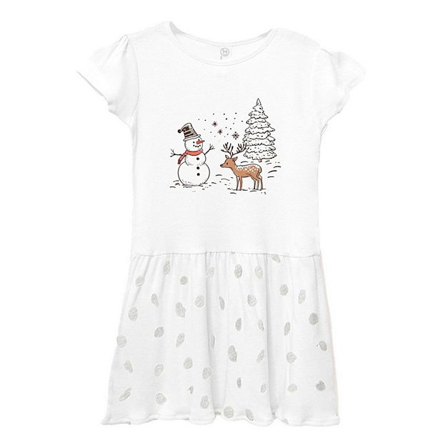 The Juniper Shop Deer Snowman Scene Toddler Graphic Dress - 5/6 - White Spot