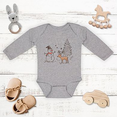 Deer Snowman Scene Baby Long Sleeve Bodysuit