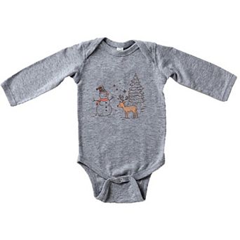 Deer Snowman Scene Baby Long Sleeve Bodysuit