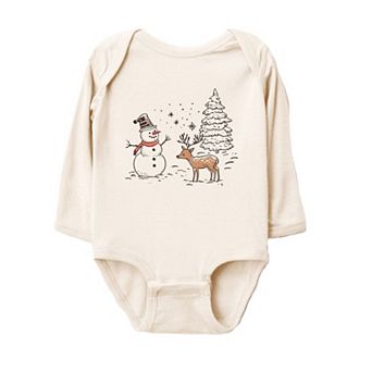 Deer Snowman Scene Baby Long Sleeve Bodysuit