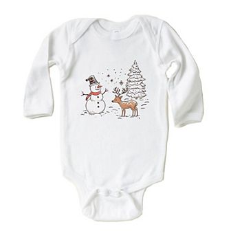 Deer Snowman Scene Baby Long Sleeve Bodysuit