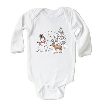 Deer Snowman Scene Baby Long Sleeve Bodysuit