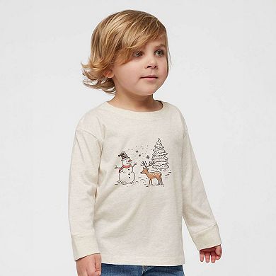 Deer Snowman Scene Toddler Long Sleeve Graphic Tee