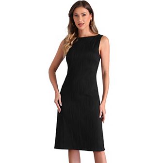 Sleeveless Sheath Dress for Women's Boat Neck Textured Elegant Office Dress