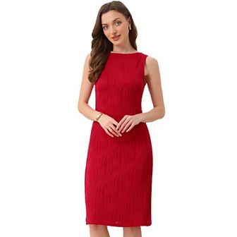 Sleeveless Sheath Dress for Women's Boat Neck Textured Elegant Office Dress