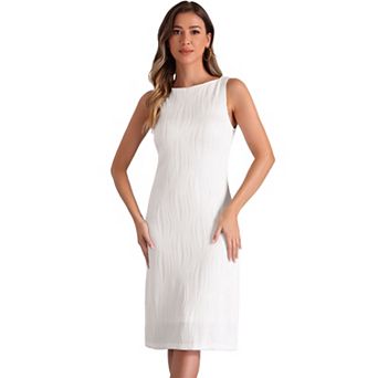 Sleeveless Sheath Dress for Women's Boat Neck Textured Elegant Office Dress