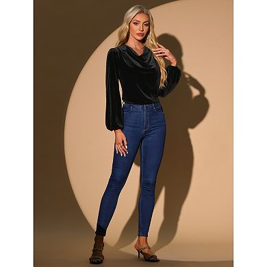 Casual Velvet Blouse for Women's Cowl Neck Lantern Sleeve Tops