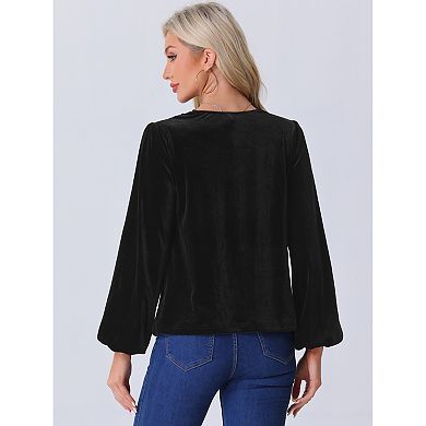 Casual Velvet Blouse for Women's Cowl Neck Lantern Sleeve Tops