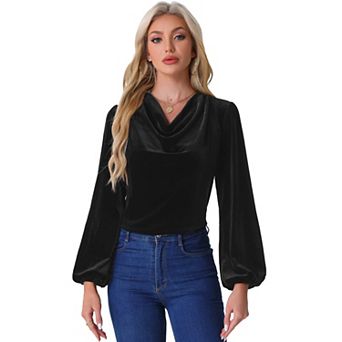 Casual Velvet Blouse for Women's Cowl Neck Lantern Sleeve Tops