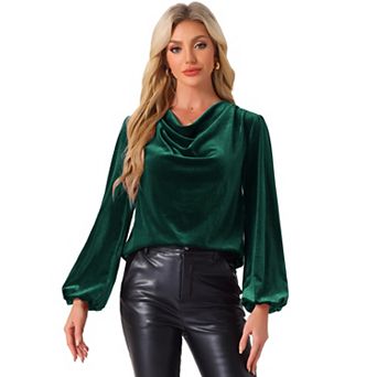Casual Velvet Blouse for Women's Cowl Neck Lantern Sleeve Tops