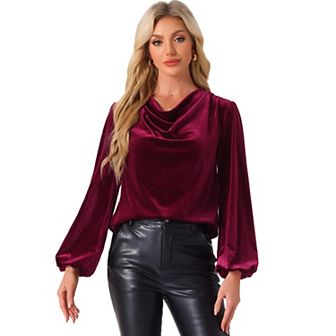 Casual Velvet Blouse for Women's Cowl Neck Lantern Sleeve Tops