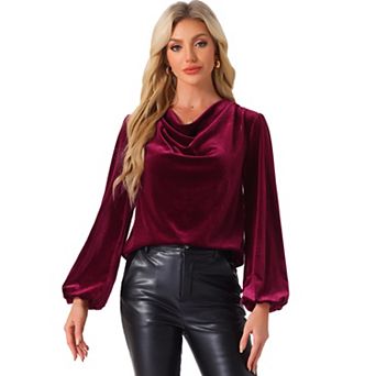 Casual Velvet Blouse for Women's Cowl Neck Lantern Sleeve Tops