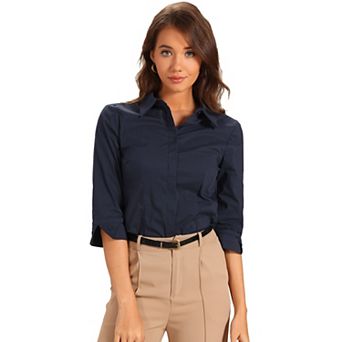 Dressy Button Shirt for Women's Hidden Placket Petal 3/4 Sleeve Office Tops