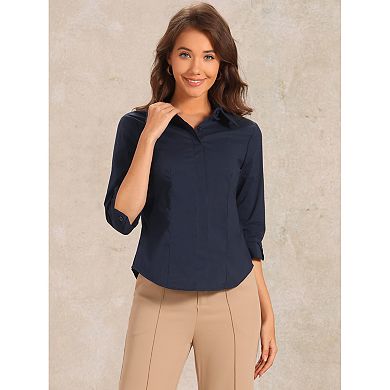Dressy Button Shirt for Women's Hidden Placket Petal 3/4 Sleeve Office Tops