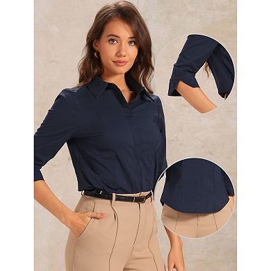Dressy Button Shirt for Women's Hidden Placket Petal 3/4 Sleeve Office Tops