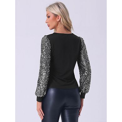 Sequin Sleeve Top for Women's V Neck Party Sparkly Top
