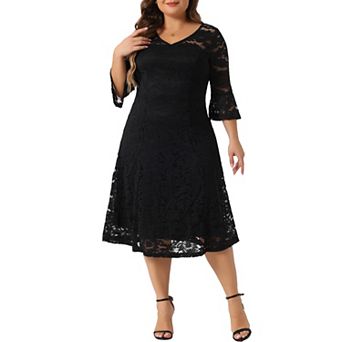 Plus Size Women's Lace Wedding Dress V-Neck 3/4 Sleeve Midi Swing Evening Bridesmaid Dresses