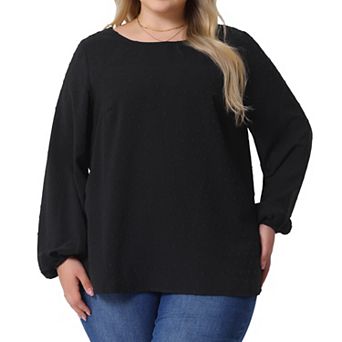Plus Size Top for Women Crewneck Chiffon Blouses Swiss Dots Long Sleeve Shirt Tops