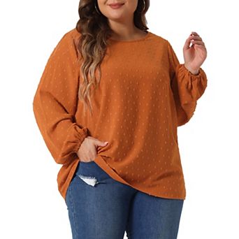 Plus Size Top for Women Crewneck Chiffon Blouses Swiss Dots Long Sleeve Shirt Tops