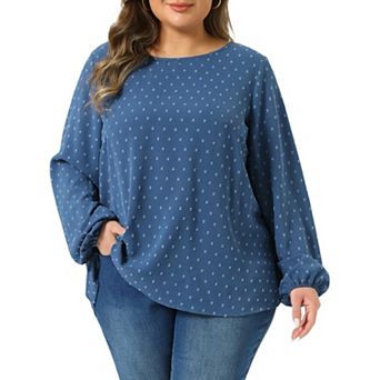 Plus Size Top for Women Crewneck Chiffon Blouses Swiss Dots Long Sleeve Shirt Tops