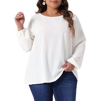 Plus Size Top for Women Crewneck Chiffon Blouses Swiss Dots Long Sleeve Shirt Tops