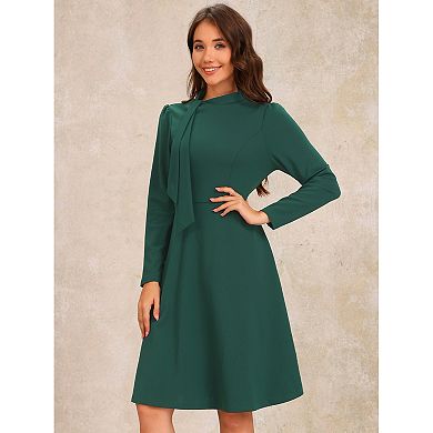 Tie Neck Dress for Women's Mock Neck Long Sleeve A-Line Elegant Midi Dresses
