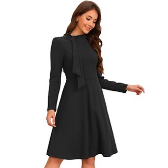 Tie Neck Dress for Women's Mock Neck Long Sleeve A-Line Elegant Midi Dresses