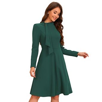 Tie Neck Dress for Women's Mock Neck Long Sleeve A-Line Elegant Midi Dresses