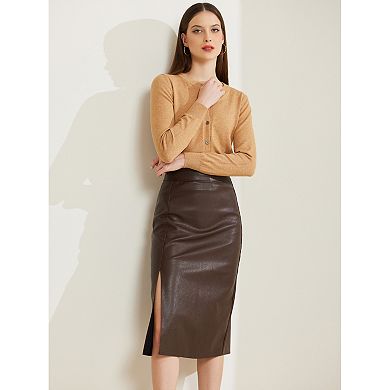 Women's Vintage High Waist Side Slit PU Leather Pencil Midi Skirt