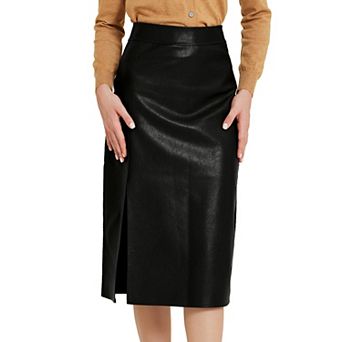 Women's Vintage High Waist Side Slit PU Leather Pencil Midi Skirt