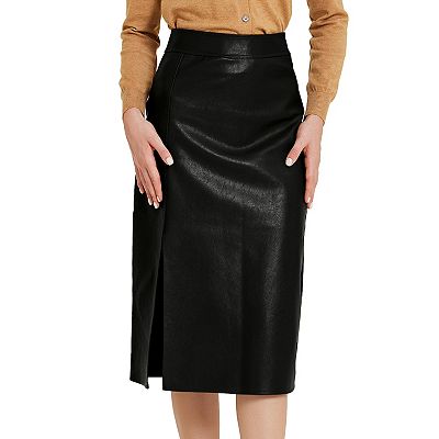 Women's Vintage High Waist Side Slit PU Leather Pencil Midi Skirt