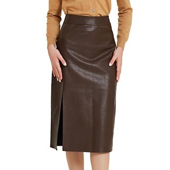 Women's Vintage High Waist Side Slit PU Leather Pencil Midi Skirt