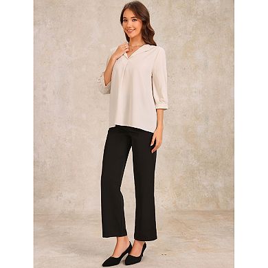 Collar Relaxed Blouse for Women's 3/4 Sleeve Ruched V Neck Casual Blouses Top