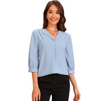 Collar Relaxed Blouse for Women's 3/4 Sleeve Ruched V Neck Casual Blouses Top