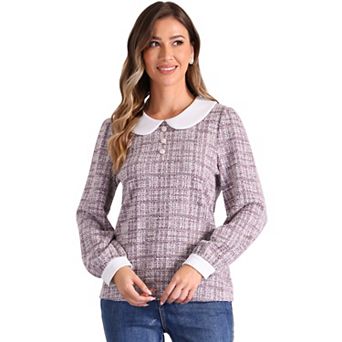 Tweed Top for Women's Button Decor Crew Neck Long Sleeve Christmas Collar Blouse