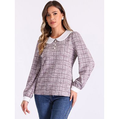 Tweed Top for Women's Button Decor Crew Neck Long Sleeve Christmas Collar Blouse