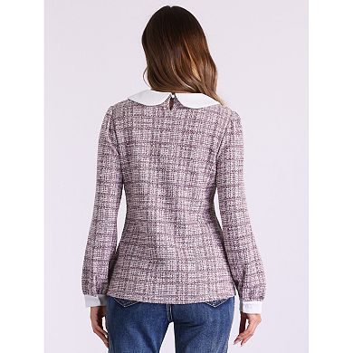 Tweed Top for Women's Button Decor Crew Neck Long Sleeve Christmas Collar Blouse