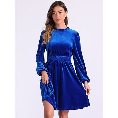 Velvet Dresses for Women's Smocked Waistline Long Sleeve Wedding Guest Dress