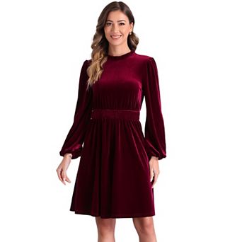 Velvet Dresses for Women's Smocked Waistline Long Sleeve Wedding Guest Dress