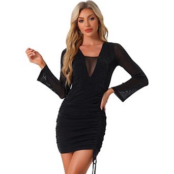 Glitter Bodycon Dress for Women's Drawstring Side Mesh Sheer Dress
