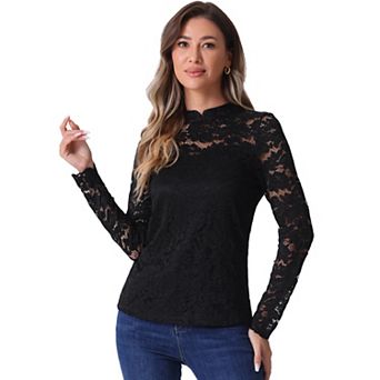 Semi Sheer Lace Blouse for Women's Long Sleeve Round Neck Work Casual Vintage Top