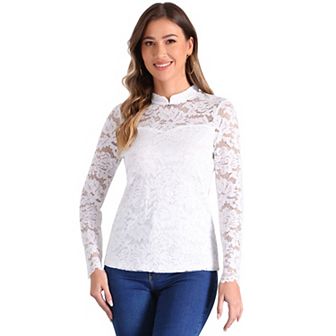 Semi Sheer Lace Blouse for Women's Long Sleeve Round Neck Work Casual Vintage Top