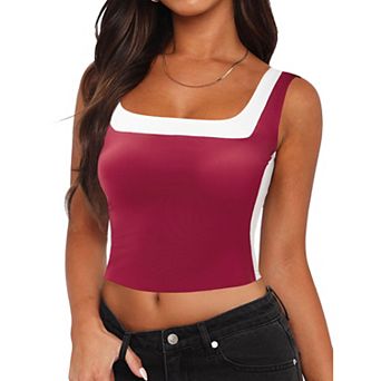 Color Block Tank Tops for Women Sleeveless Square Neck Crop Tops Going Out Slim Fit Shirts
