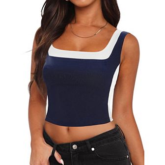 Color Block Tank Tops for Women Sleeveless Square Neck Crop Tops Going Out Slim Fit Shirts