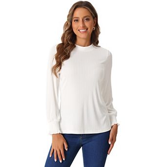 Women's Mock Neck Ribbed Knit Smocked Ruffle Cuff Lantern Long Sleeve Top